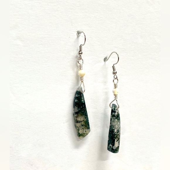 HANDCRAFTED Moss Agate & Mother of Pearl Hand Wrapped Casual Earrings, Gift Her - Picture 7 of 10